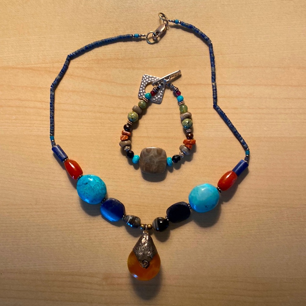 Boho Style Necklace (Africa) and Bracelet Set with Variety of Stones.